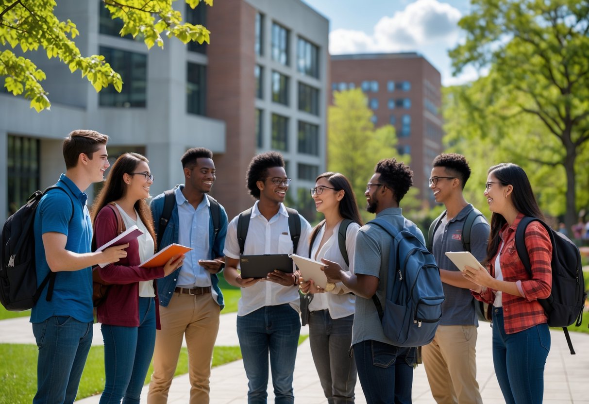 35 Fully Funded Scholarships | University of Wisconsin Madison 2026 24 A diverse group of university students studying and talking together outdoors on a sunny day at a university campus.