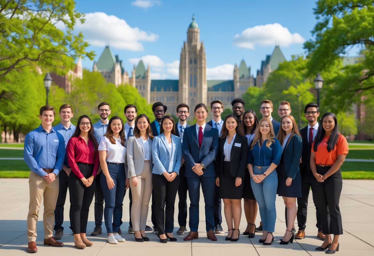 35 Fully Funded Scholarships | University of Wisconsin Madison 2026 26 A group of diverse university students standing outdoors on a sunny day on a university campus with buildings and trees in the background.