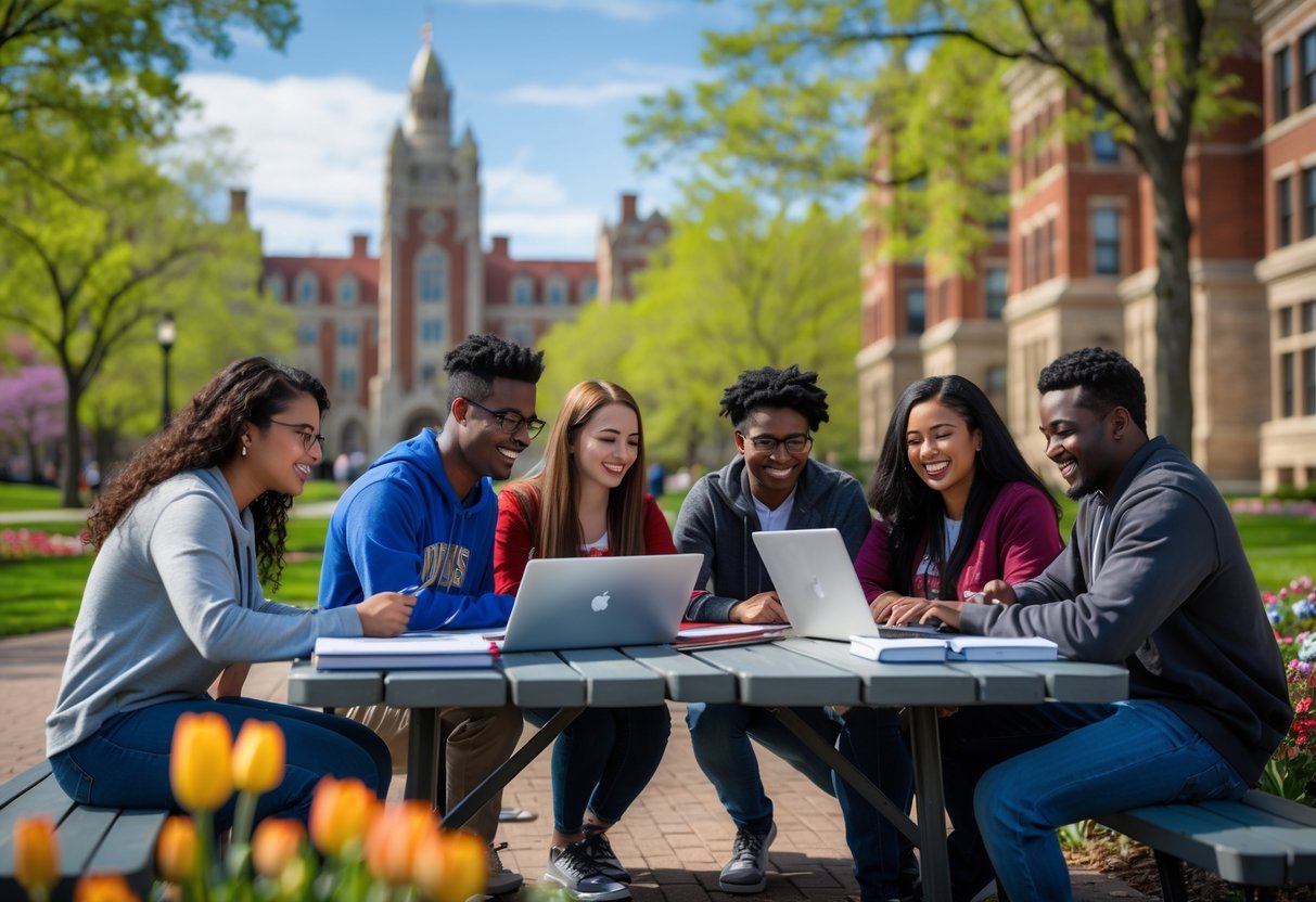 35 Fully Funded Scholarships | University of Wisconsin Madison 2026 27 Diverse college students studying together outdoors on a university campus with red-brick buildings and green trees in the background.