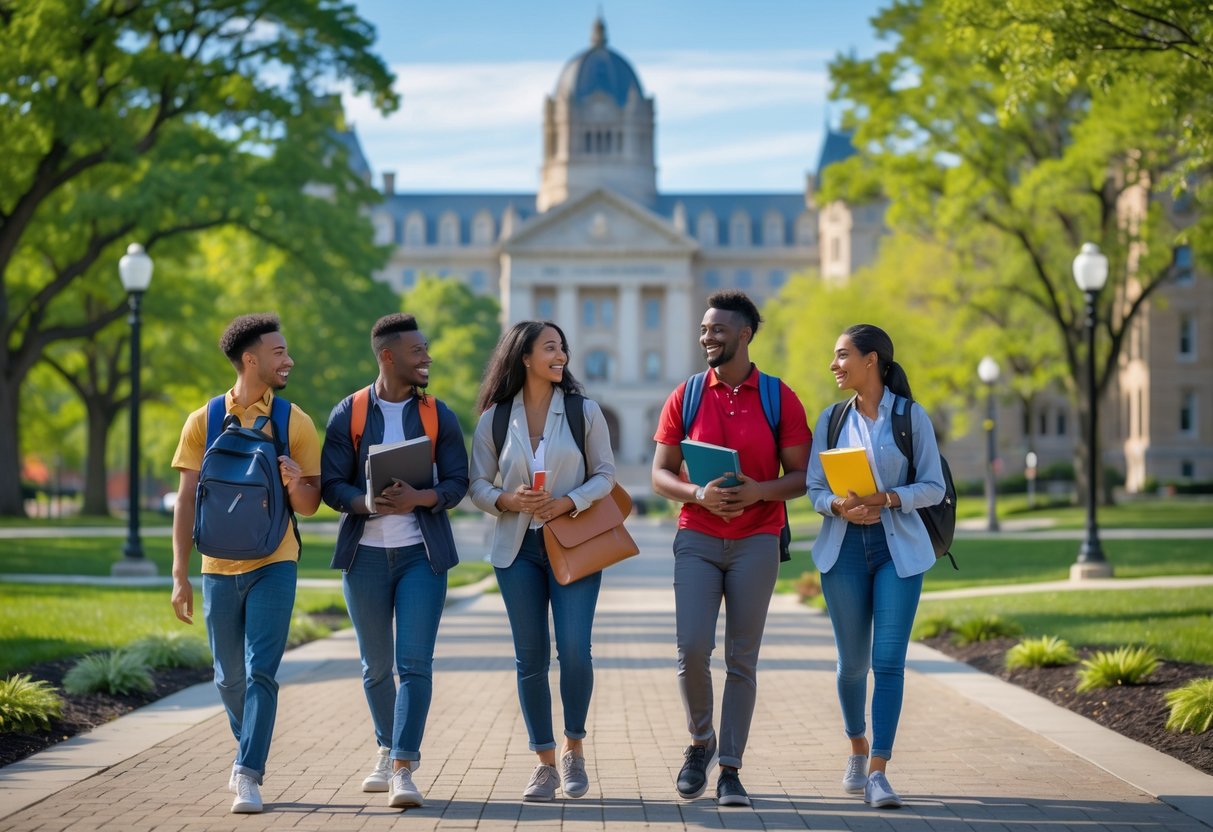 35 Fully Funded Scholarships | University of Wisconsin Madison 2026 29 Diverse group of students walking and talking on a university campus pathway with trees and buildings in the background.