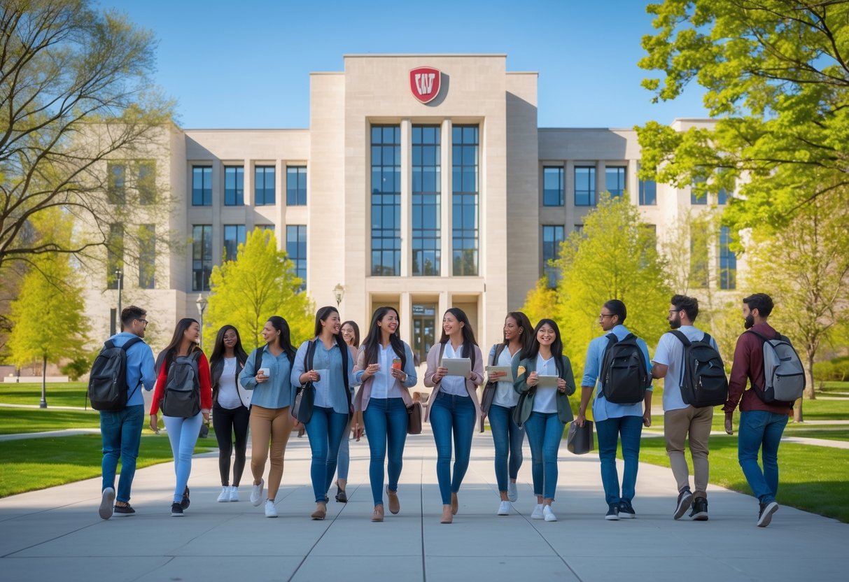 35 Fully Funded Scholarships | University of Wisconsin Madison 2026 31 Students walking and talking on a university campus near an academic building surrounded by trees and lawns on a clear day.