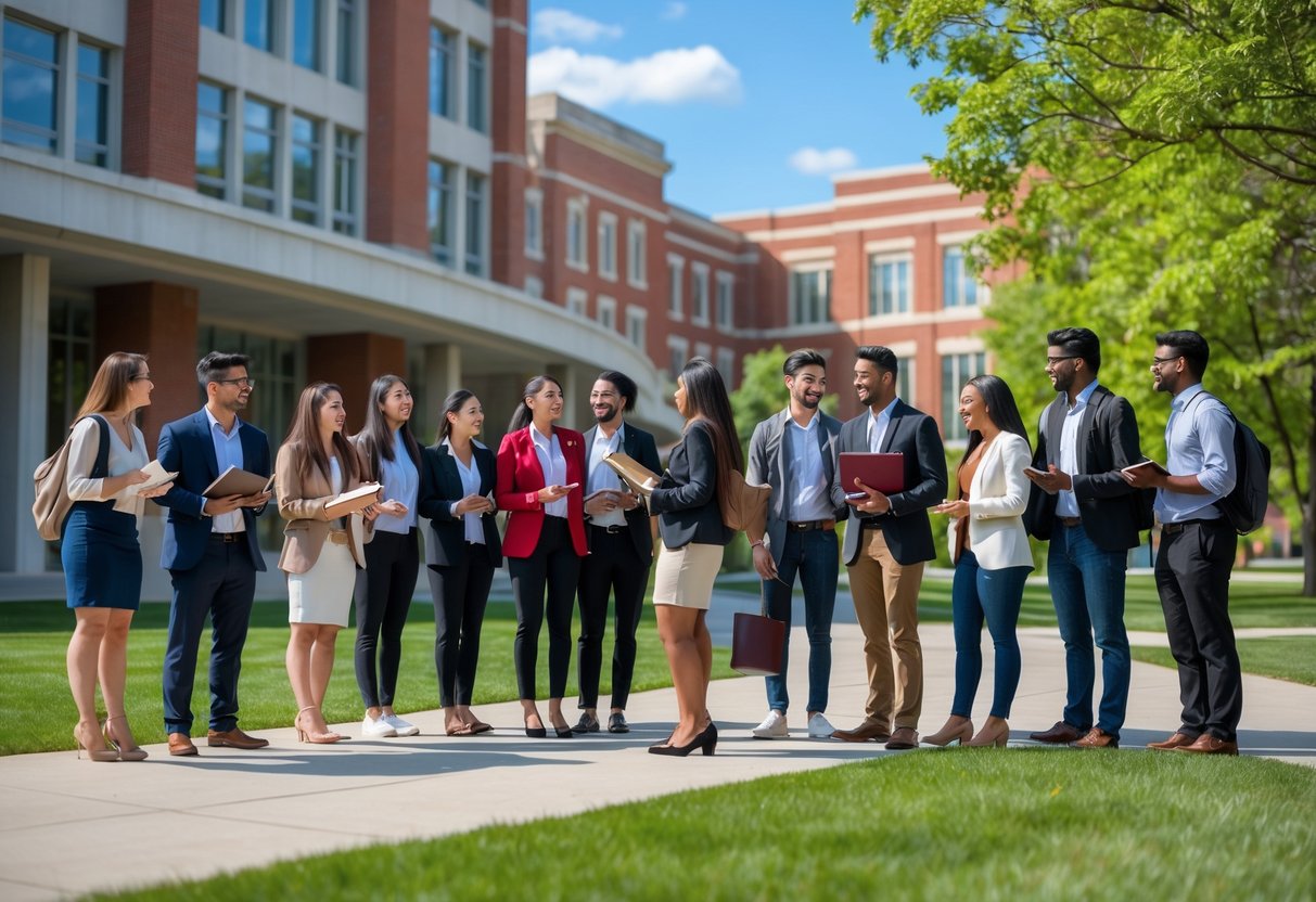 35 Fully Funded Scholarships | University of Wisconsin Madison 2026 33 A group of diverse law students talking outside a university building on a sunny day.