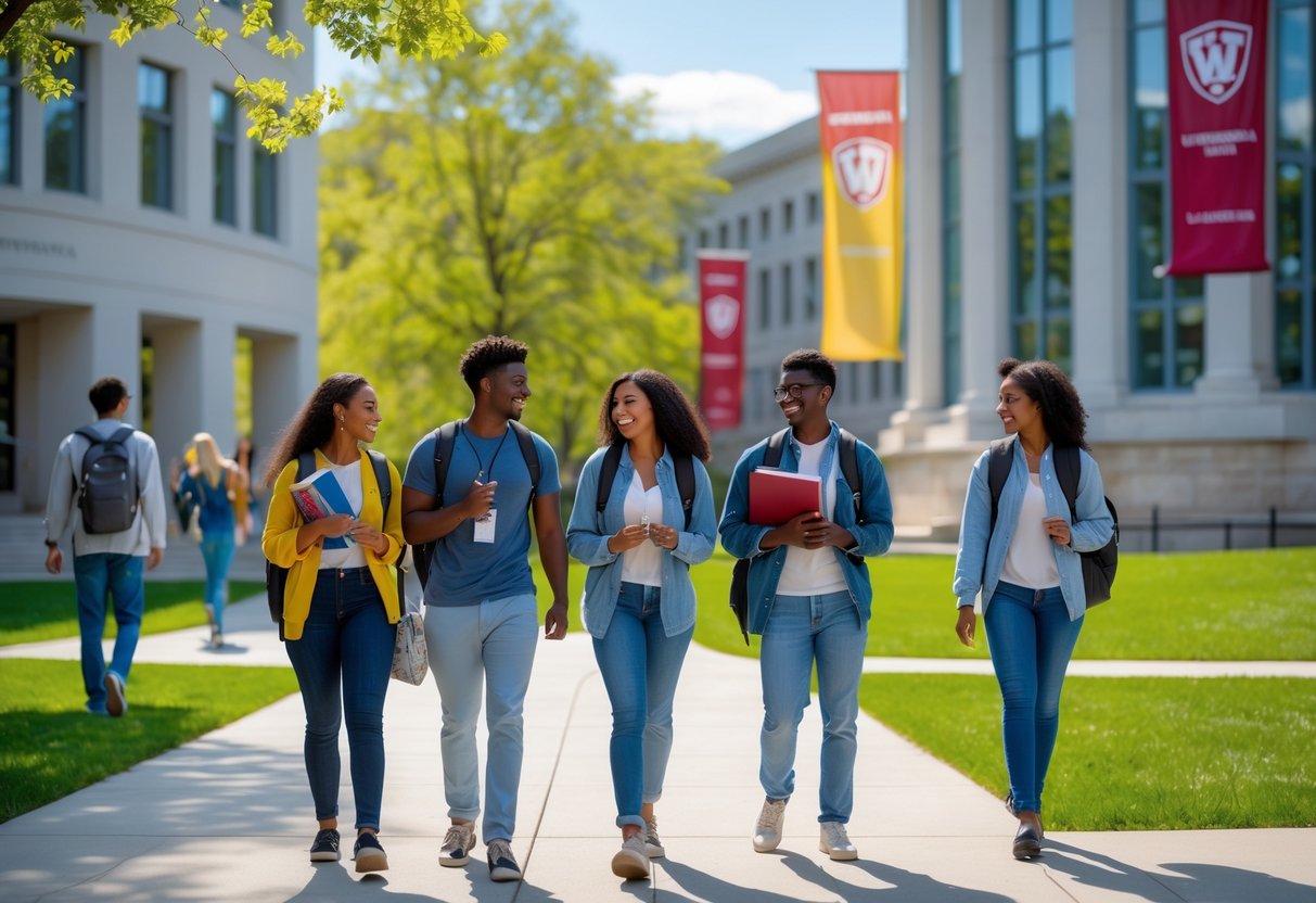 35 Fully Funded Scholarships | University of Wisconsin Madison 2026 34 Students on a sunny university campus walking and talking near academic buildings and green lawns.