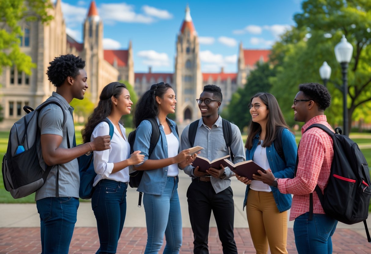 35 Fully Funded Scholarships | University of Wisconsin Madison 2026 35 A diverse group of university students talking and studying outdoors on a college campus with buildings and trees in the background.