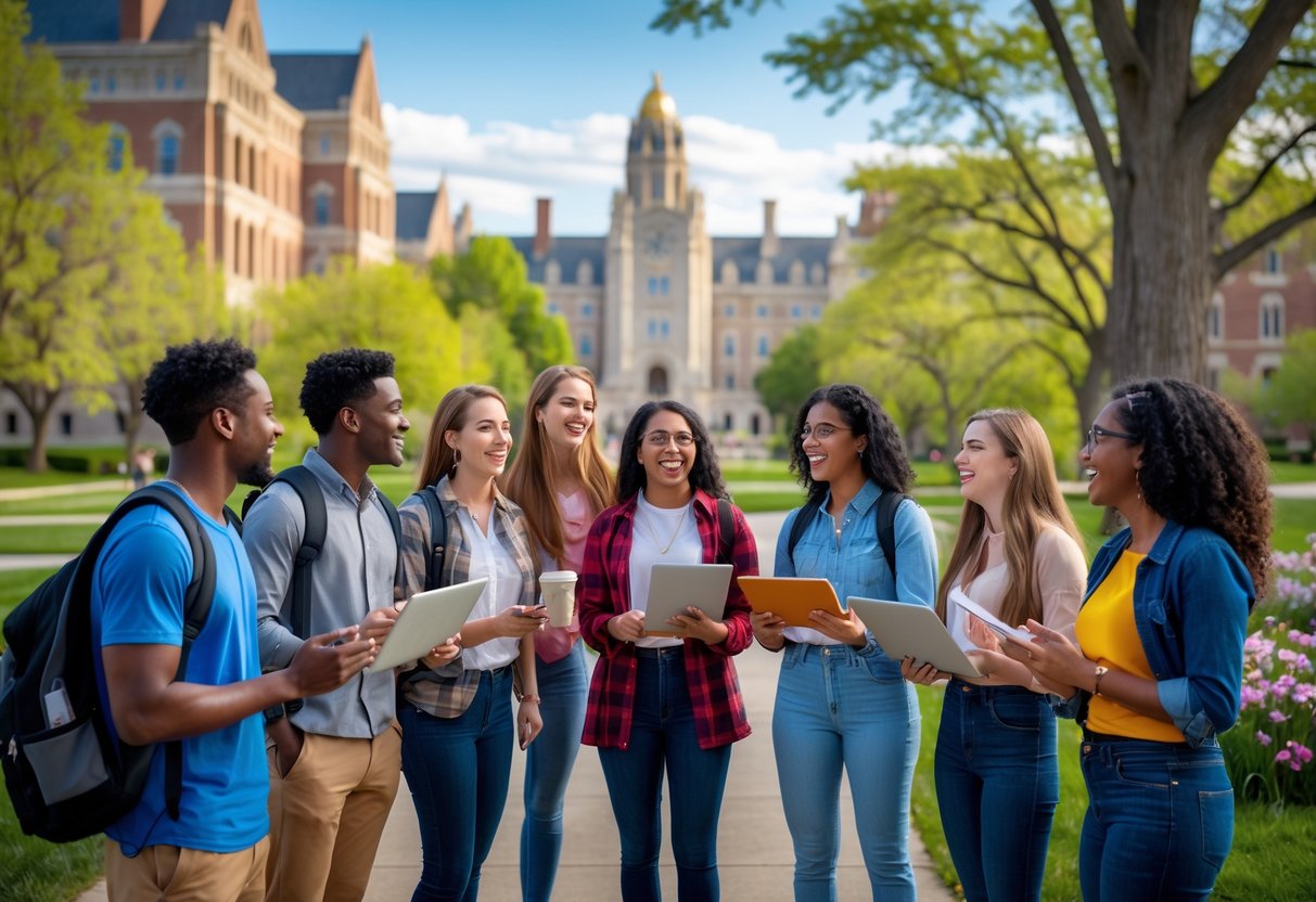 35 Fully Funded Scholarships | University of Wisconsin Madison 2026 36 A group of diverse college students studying and talking together outside on a university campus with classic buildings and trees in the background.