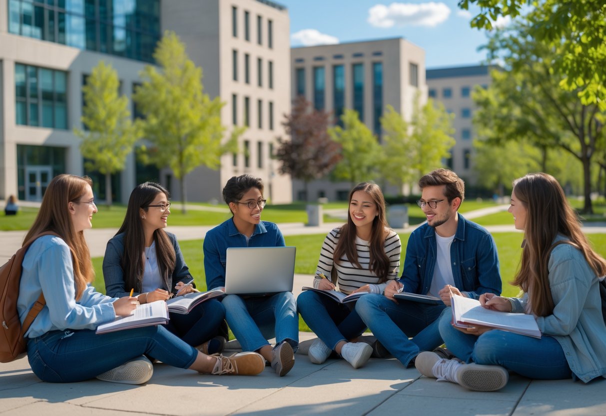 35 Fully Funded Scholarships | University of Wisconsin Madison 2026 37 A diverse group of university students studying together outdoors on a university campus with modern buildings and trees in the background.