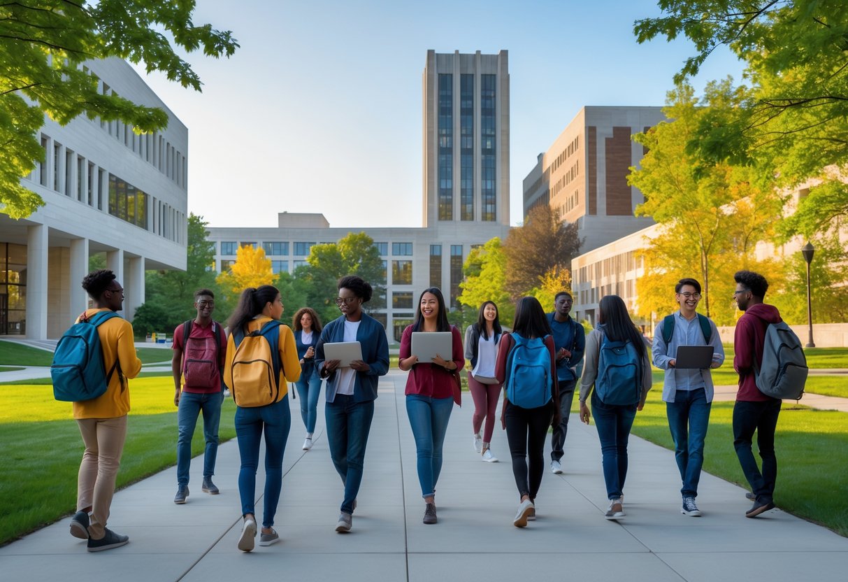35 Fully Funded Scholarships | University of Wisconsin Madison 2026 39 A group of diverse university students studying and walking on a college campus with modern buildings and greenery in the background.