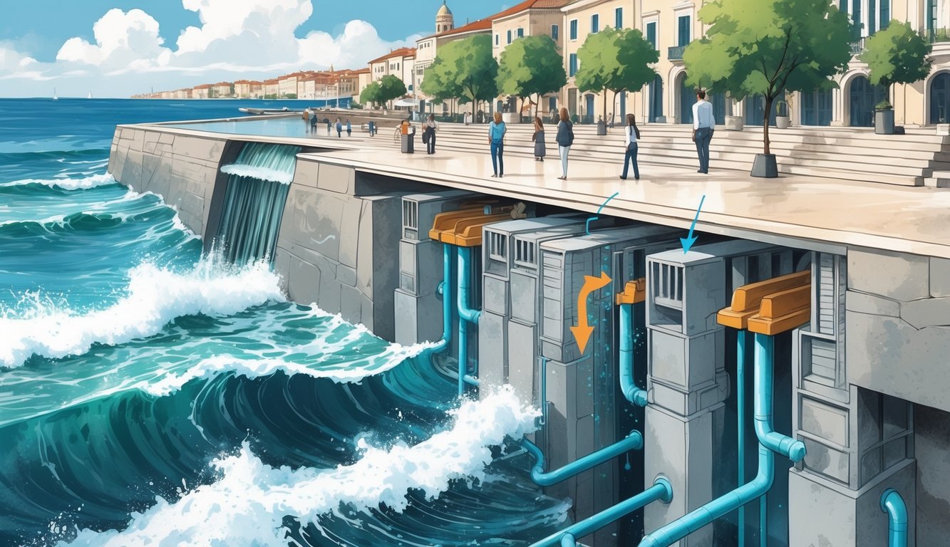 Cross-sectional view of the Zadar Sea Organ showing sea waves pushing air through underwater pipes that produce musical sounds along the coastal promenade.