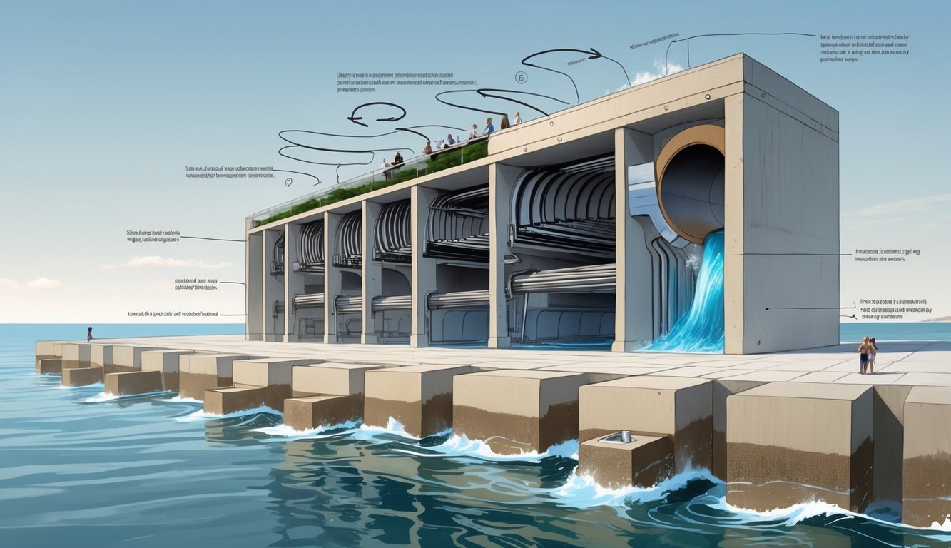 Cross-sectional view of the Zadar Sea Organ showing underground pipes and chambers beneath coastal steps with sea waves flowing through to create sound.