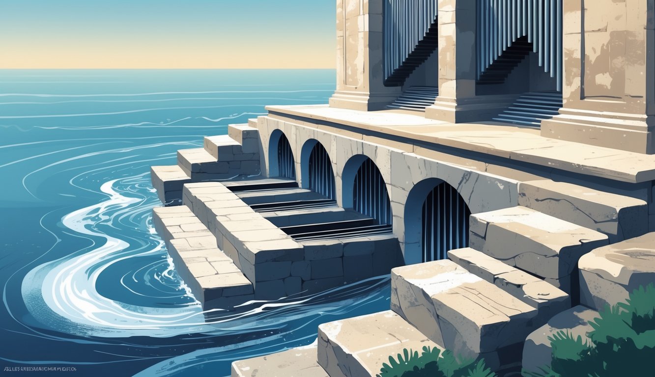 A coastal stone structure with openings where sea waves enter, showing how water movement creates sound through the Zadar Sea Organ.