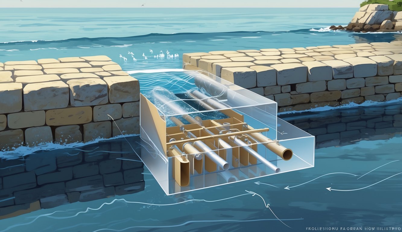 Coastal view of the Zadar Sea Organ showing stone steps by the water with a cutaway revealing internal pipes and air chambers activated by sea waves.