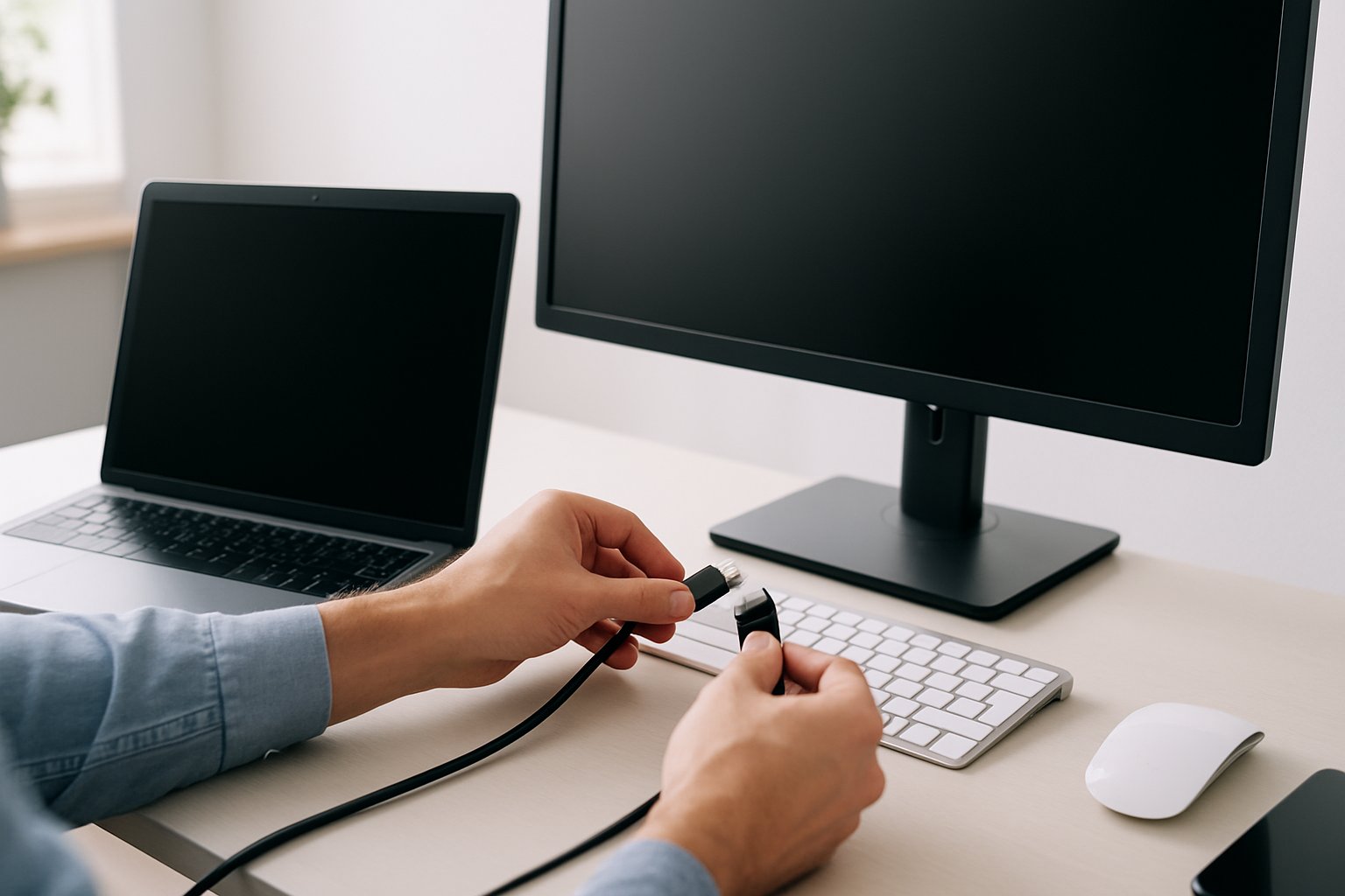 Hands connecting cables between a laptop and an external monitor on a desk with multiple devices.