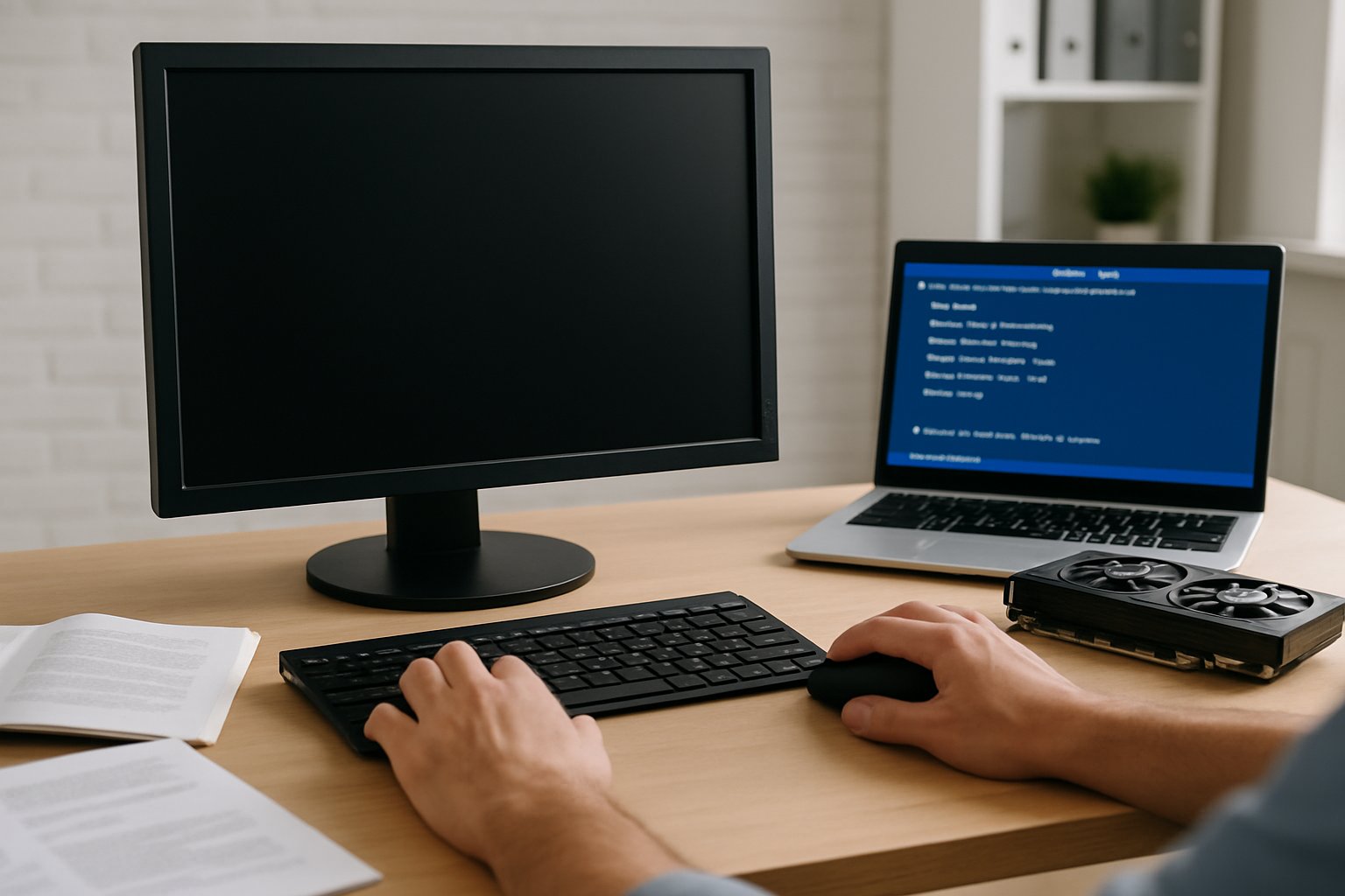A person working at a desk with a blank computer monitor, a laptop showing BIOS settings, and a graphics card on the desk.