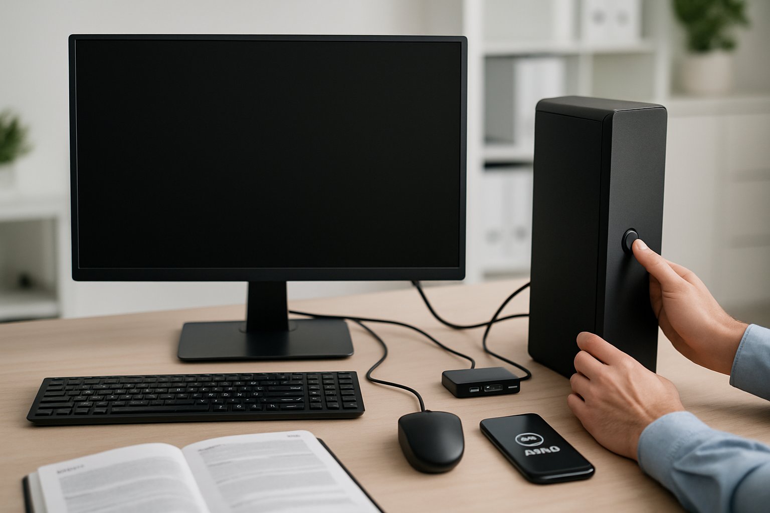 Hands pressing the power button on a desktop computer tower with computer peripherals and a workspace in the background.