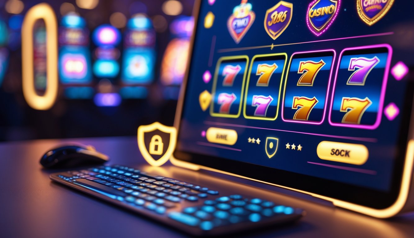 Tampilan komputer dengan antarmuka permainan kasino online yang cerah dan menarik, menunjukkan suasana kasino digital yang terpercaya.