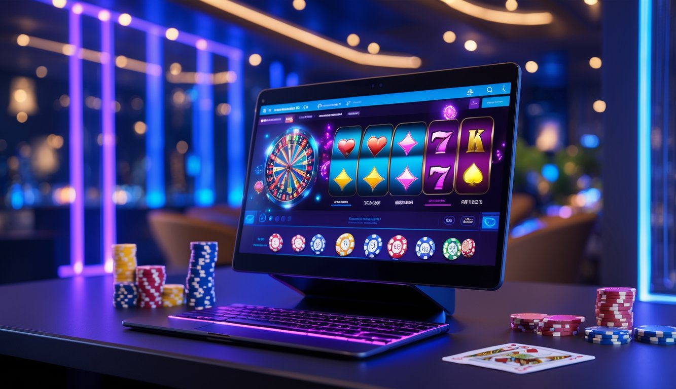 Seorang pengguna menggunakan komputer dengan tampilan permainan kasino online yang berwarna-warni di meja dengan chip poker dan kartu bermain di sekitarnya.