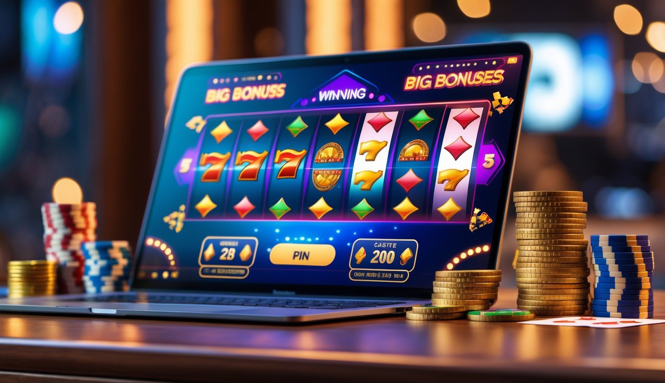 Seorang pengguna sedang bermain kasino online dengan layar komputer menampilkan mesin slot yang menang dan tumpukan chip serta koin di meja.