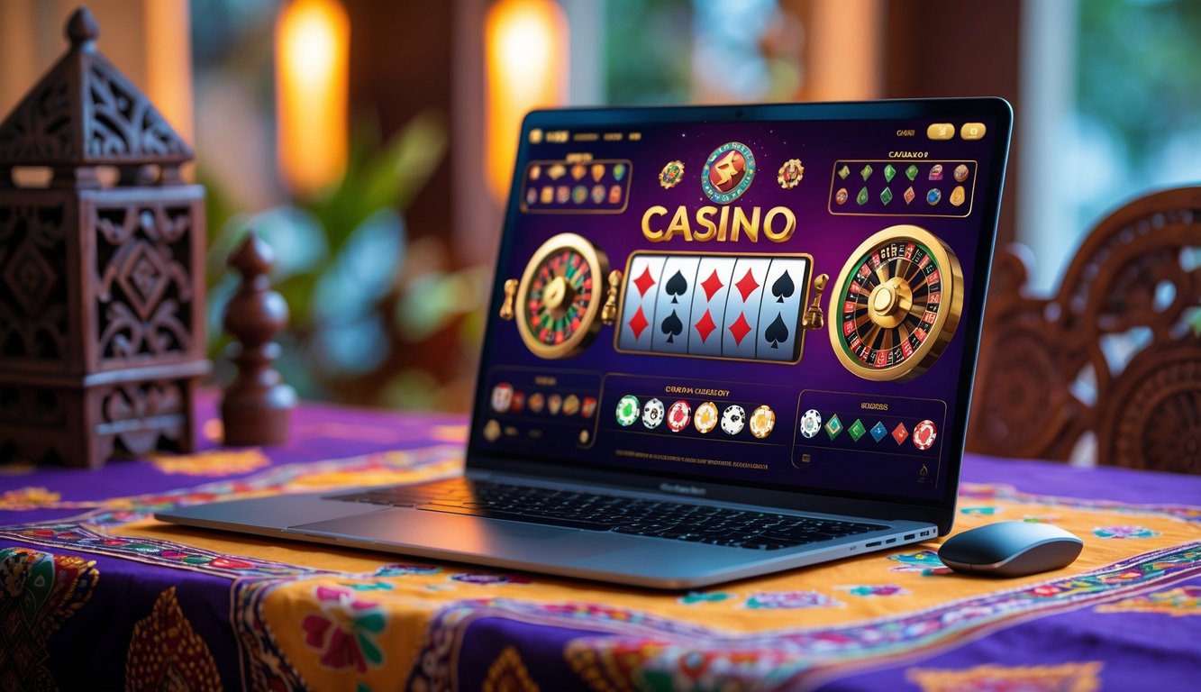 Sebuah laptop atau ponsel menampilkan permainan kasino online dengan latar belakang elemen budaya Indonesia seperti pola batik dan ukiran kayu.