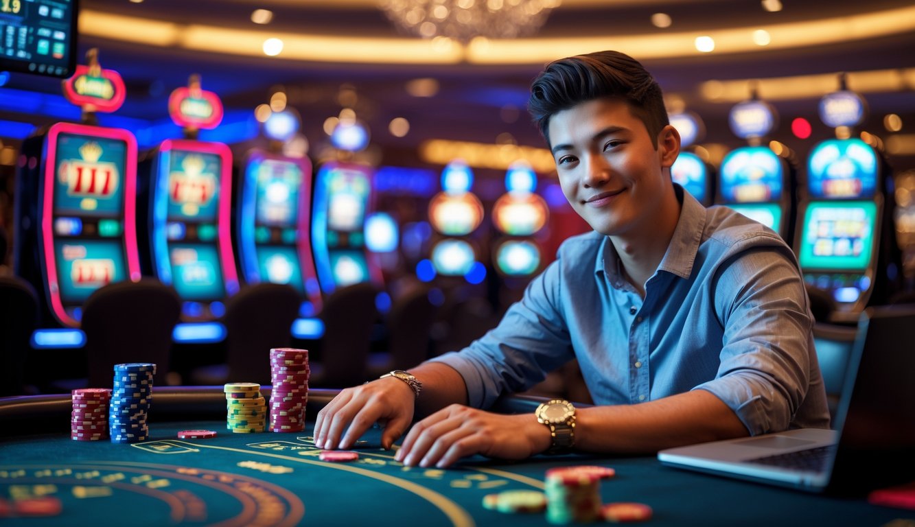 Seorang dewasa muda duduk di meja kasino dengan mesin slot digital dan chip poker, tampak fokus dan tersenyum di lingkungan kasino yang ramai.