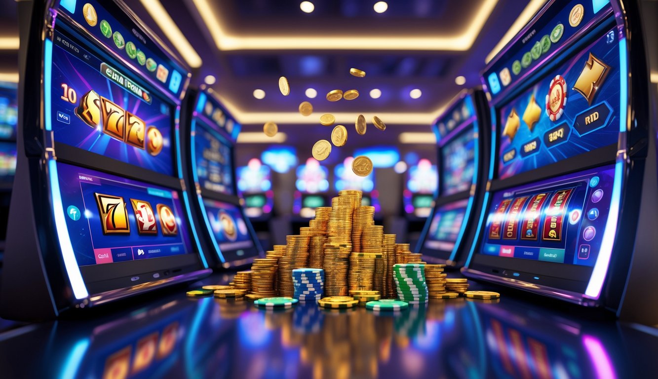 Suasana kasino online yang mewah dengan layar menampilkan permainan slot dan jackpot besar.