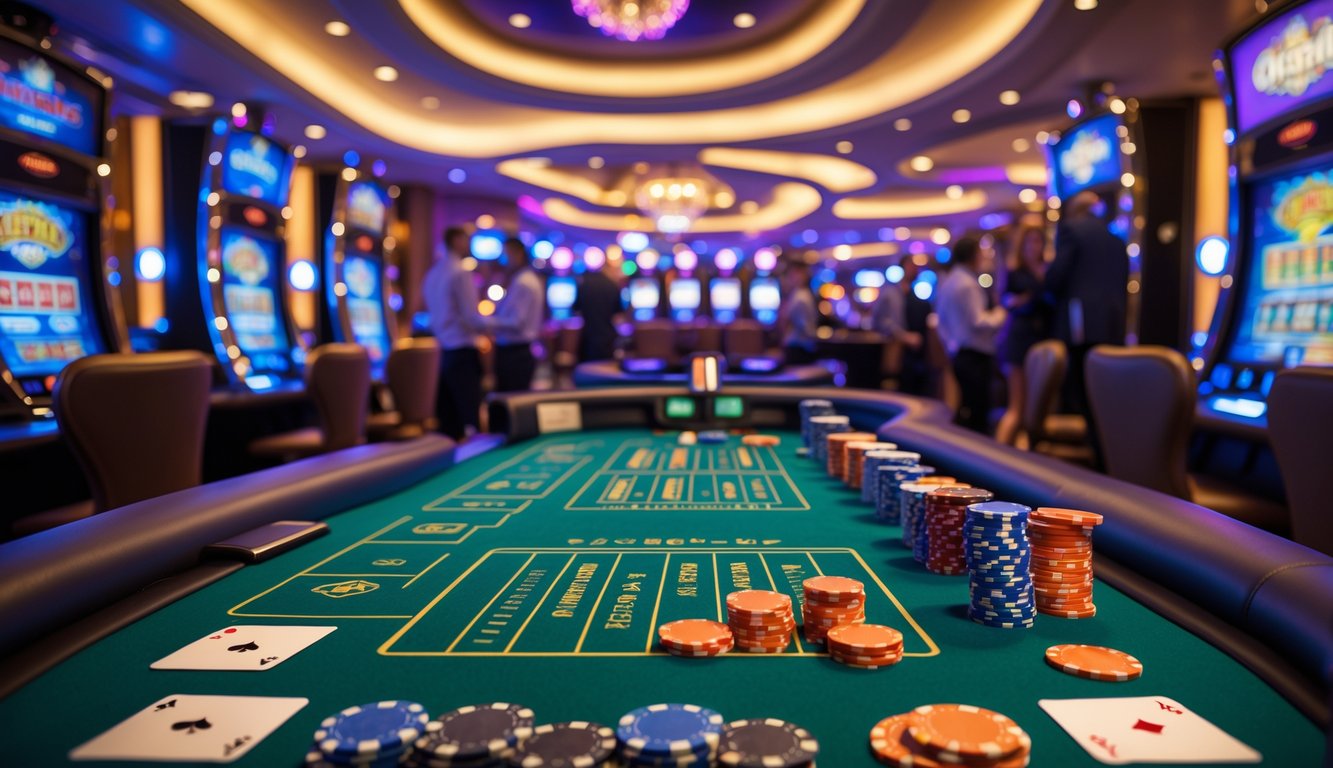 Suasana kasino modern dengan meja poker, chip, kartu, dan mesin slot yang menyala, di mana orang-orang sedang bermain.