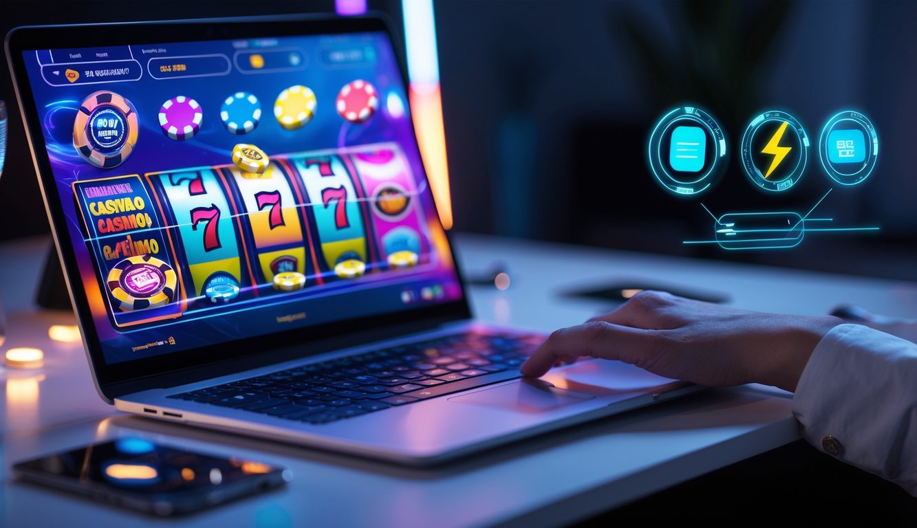 Seorang pengguna sedang bermain permainan kasino online di laptop dengan ikon pembayaran digital di sampingnya.