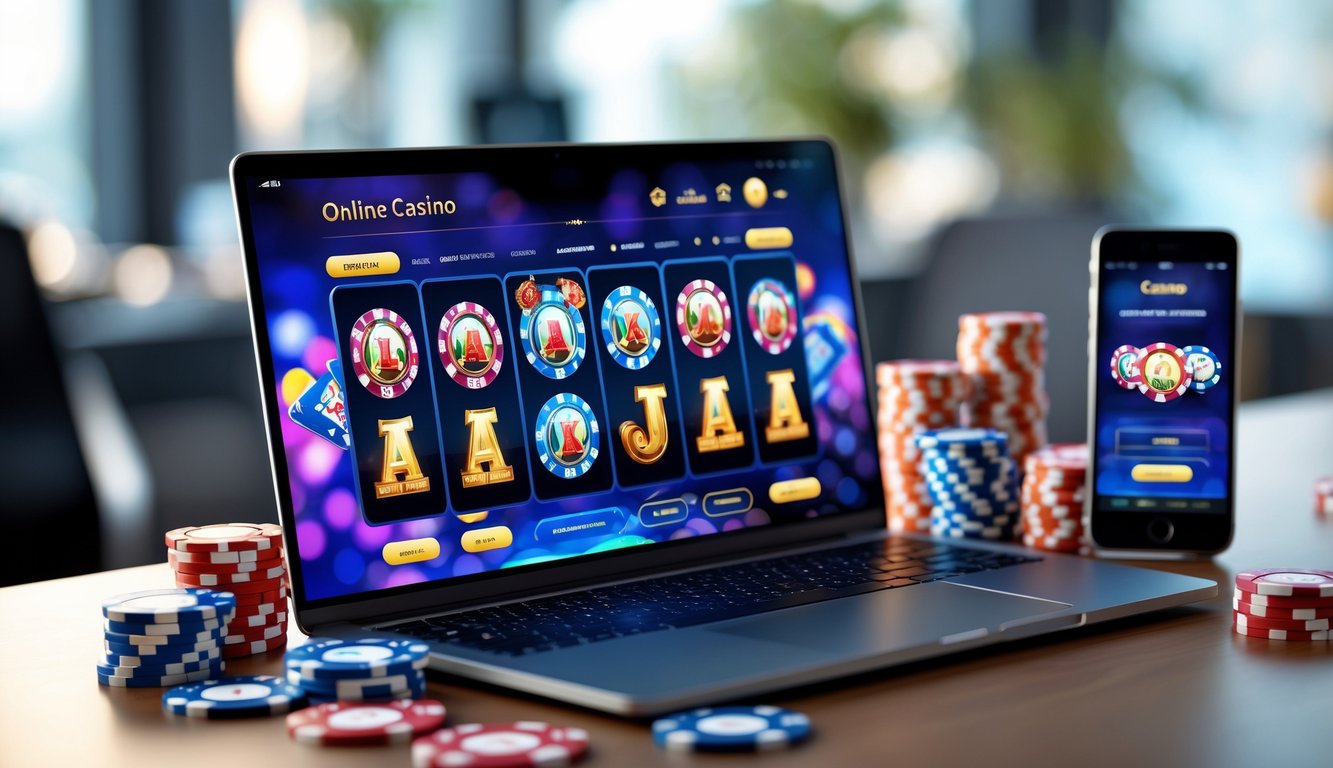 Meja kerja dengan laptop yang menampilkan situs kasino online, dikelilingi oleh chip poker dan kartu remi.