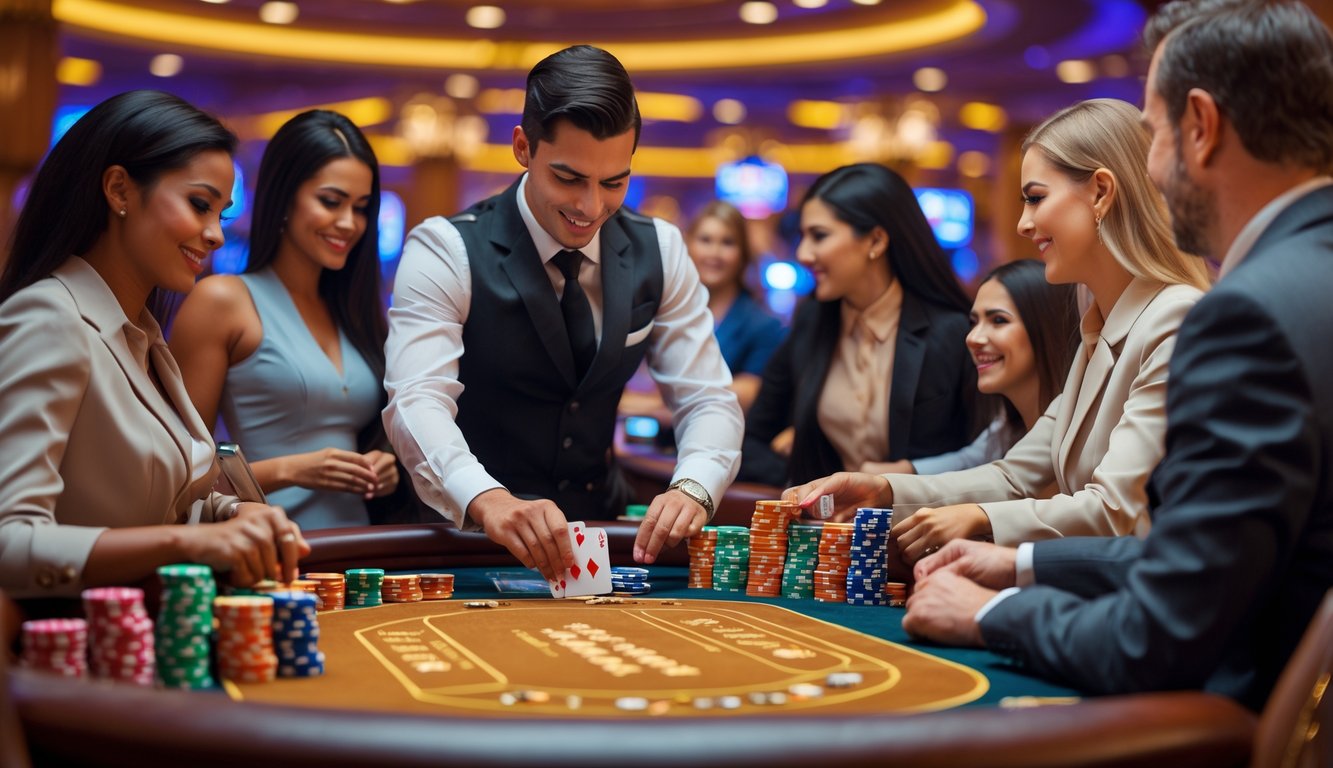 Suasana meja blackjack di kasino dengan dealer profesional dan pemain yang fokus bermain kartu.