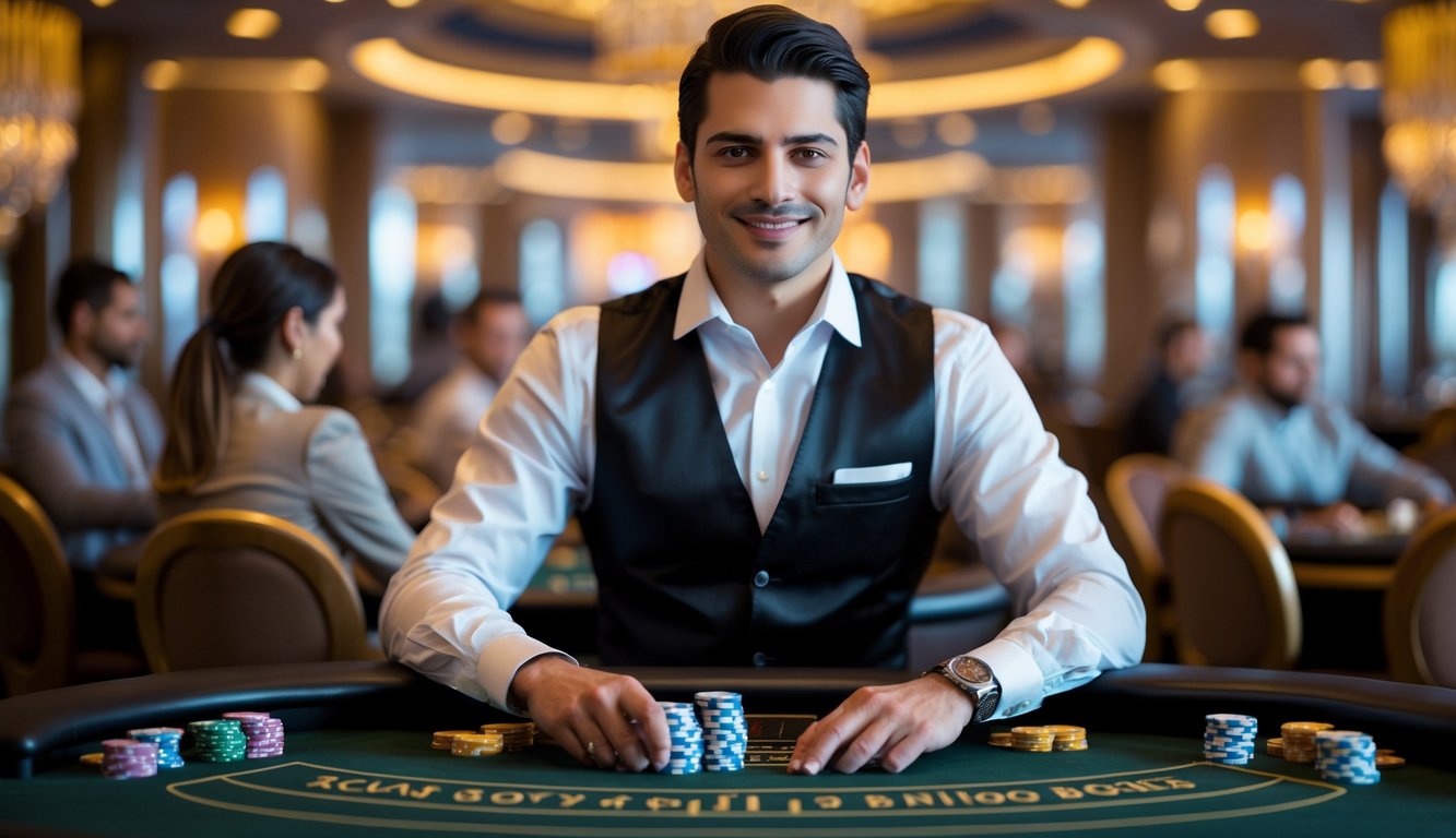 Seorang dealer kasino pria yang percaya diri berdiri di meja blackjack dengan chip dan kartu, di dalam suasana kasino mewah.