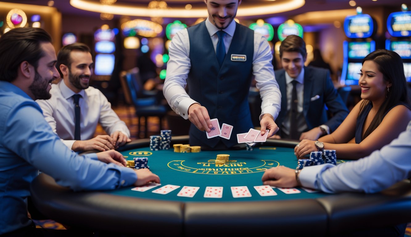 Suasana meja blackjack di kasino dengan dealer dan pemain yang antusias, menampilkan kartu dan chip taruhan.