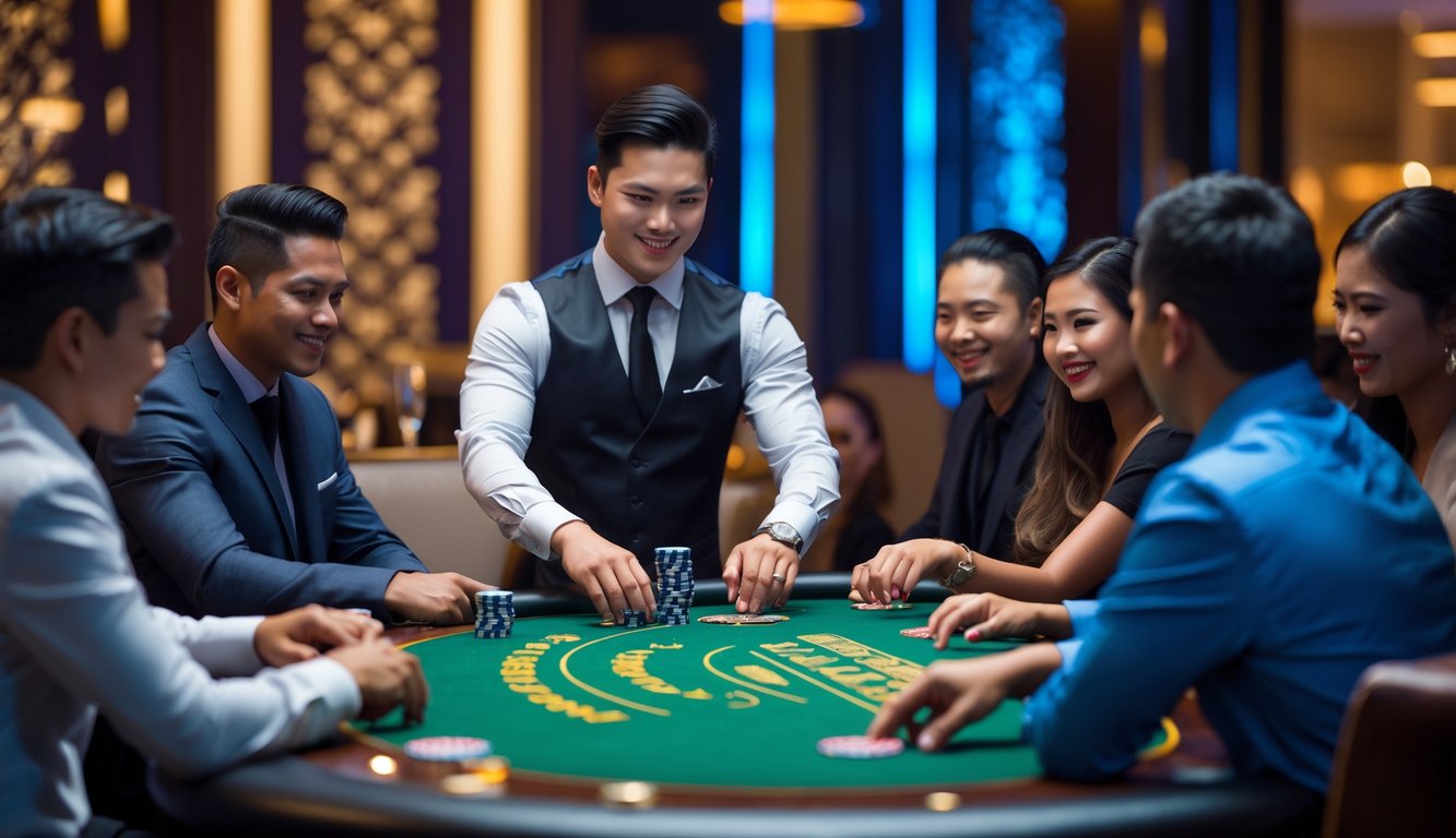 Meja blackjack di kasino Indonesia dengan dealer dan pemain yang sedang bermain kartu.