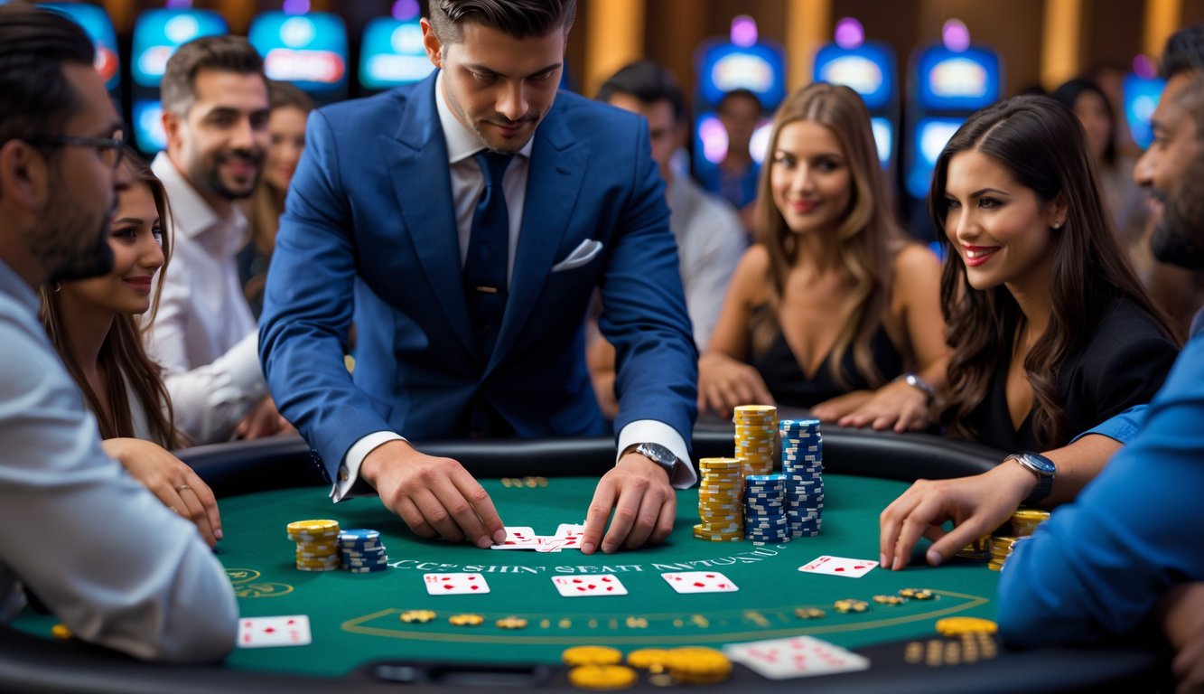 Seorang dealer berjubah rapi sedang membagikan kartu di meja blackjack dengan beberapa pemain yang fokus dan antusias di sekitarnya.