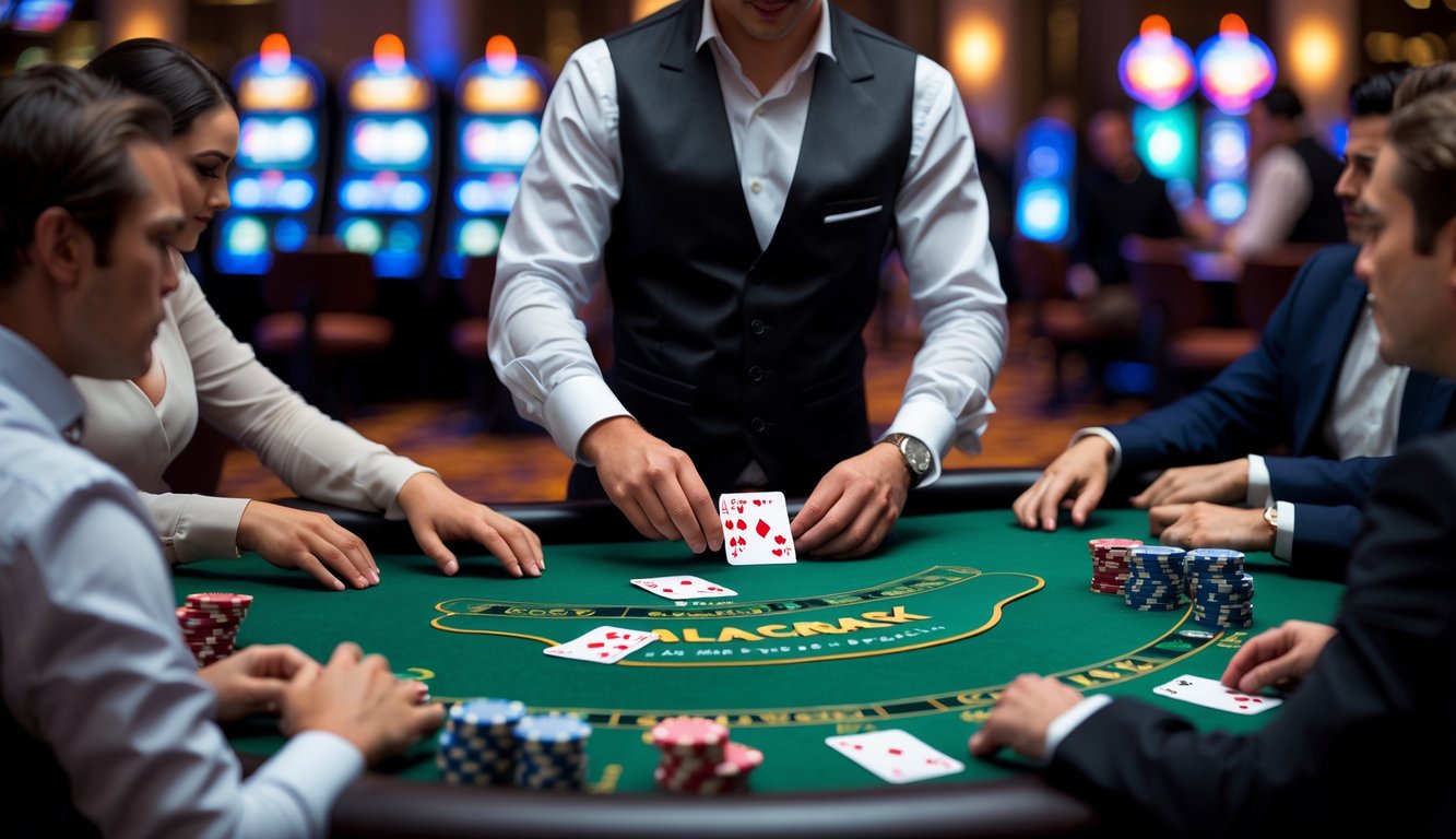 Meja blackjack di kasino dengan dealer dan pemain yang sedang bermain kartu.