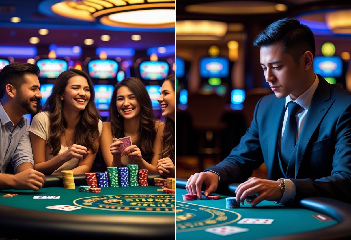 A split scene showing a group of friends casually playing casino games on one side and a serious gambler focused alone at a poker table on the other side.