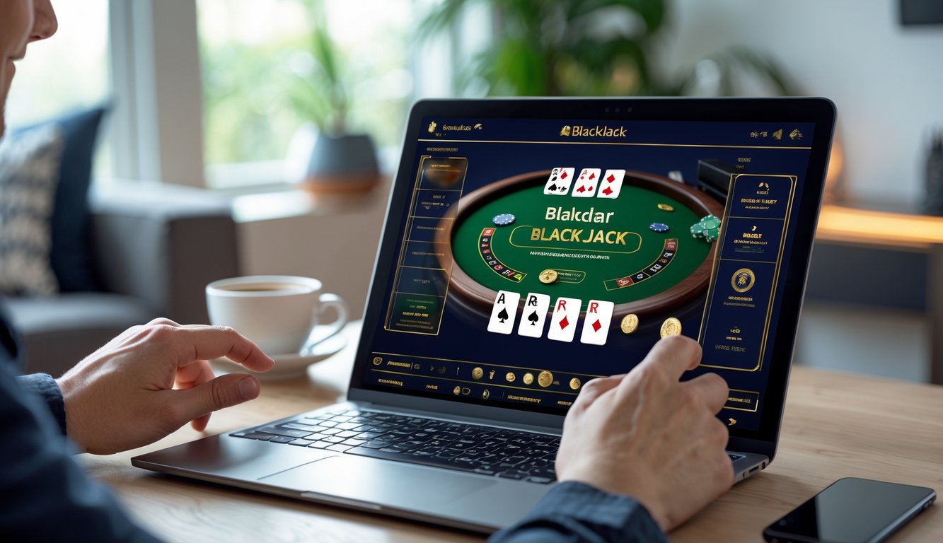 Seseorang bermain blackjack online di depan laptop di ruang tamu yang nyaman dan modern.