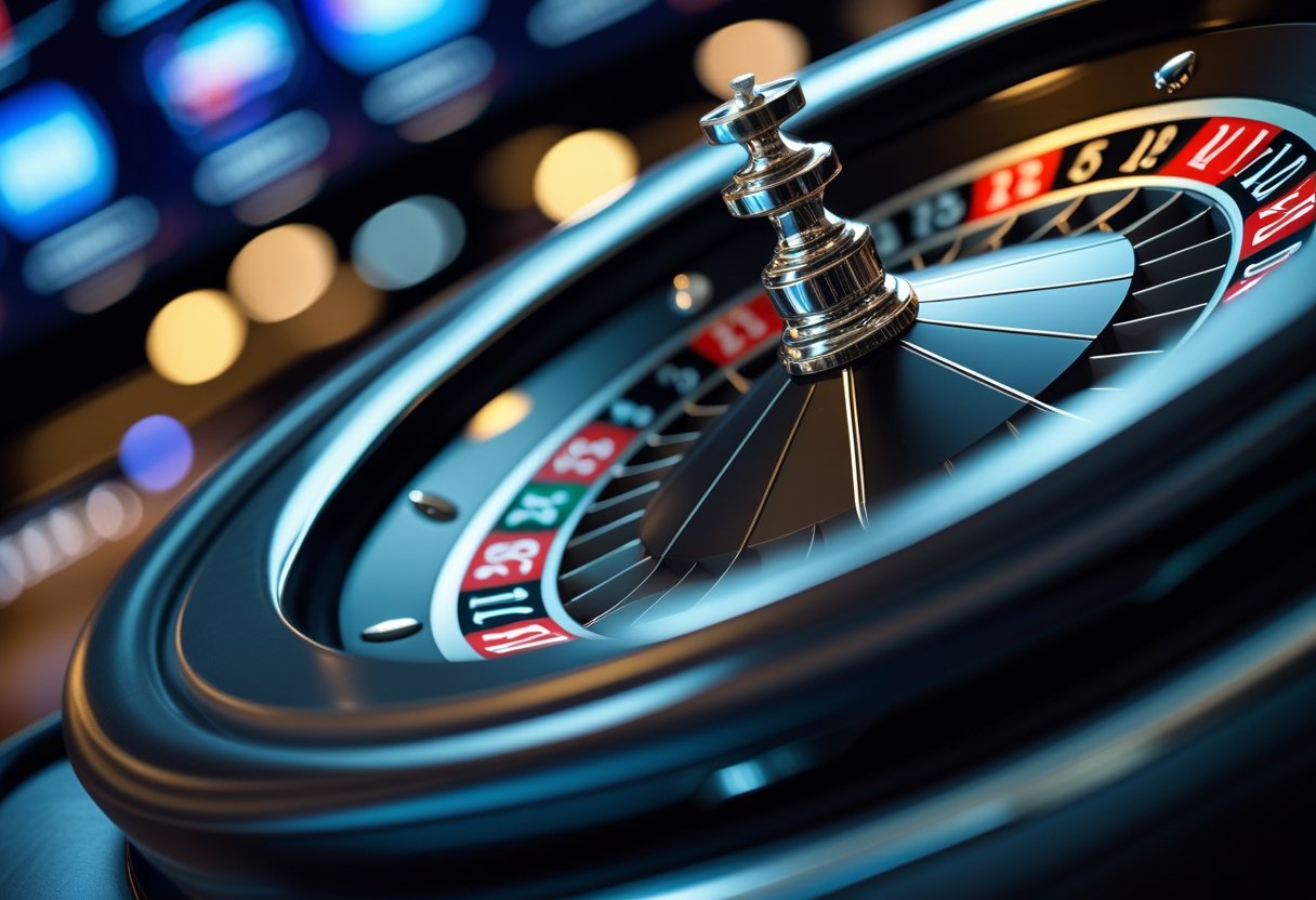 Close-up of a European roulette wheel spinning on a digital casino screen with a white ball in motion.