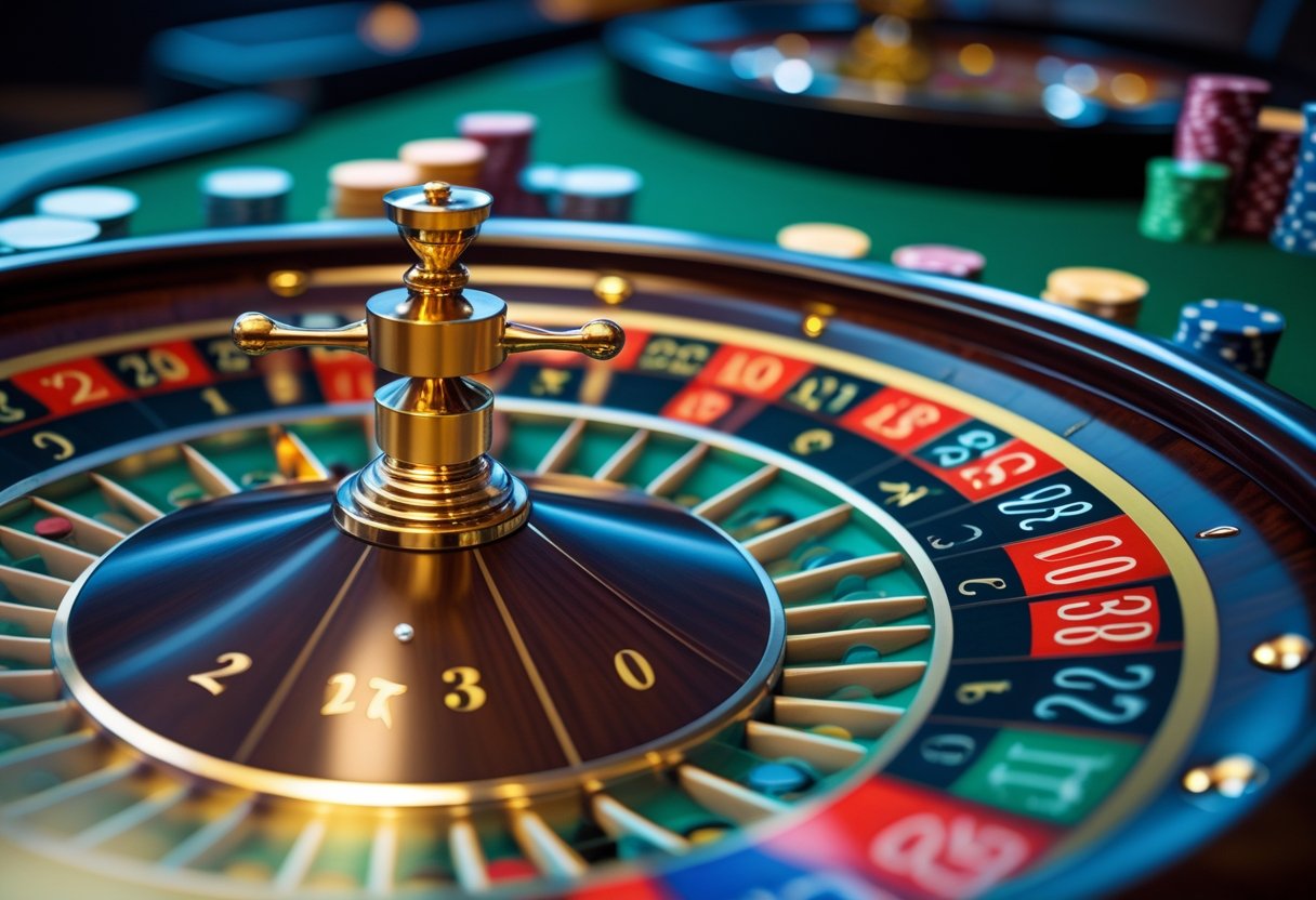 Close-up of a European roulette wheel with chips on a green betting table in a casino setting.