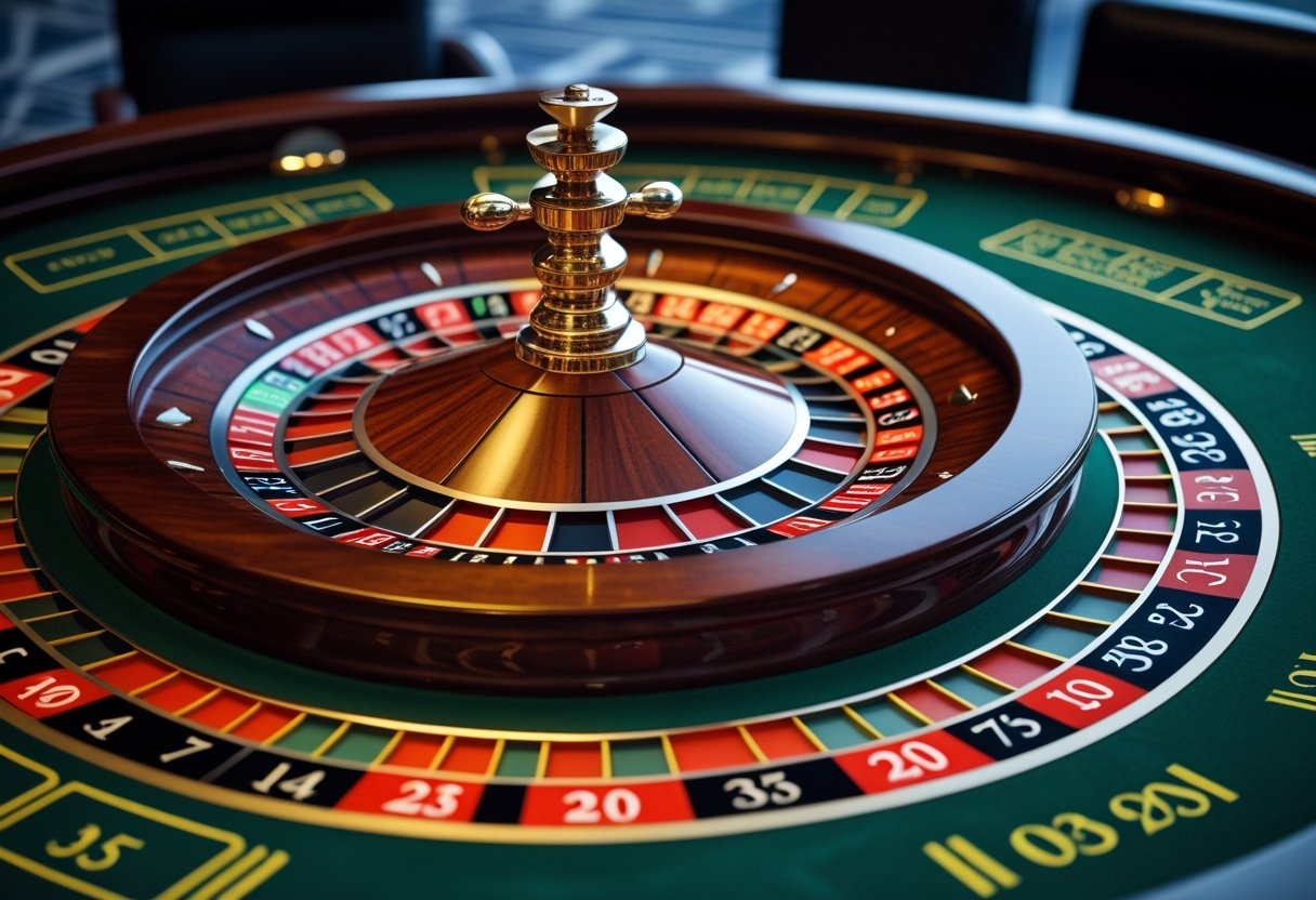 Close-up of a European roulette wheel and green betting table layout with numbers and a small white ball on the wheel.