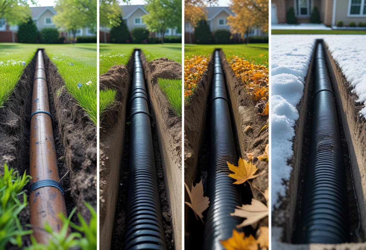 Cross-sectional view of a sewer line underground beneath a house yard, showing different seasonal conditions above and around the pipe including spring flowers, summer sun, autumn leaves, and winter snow.