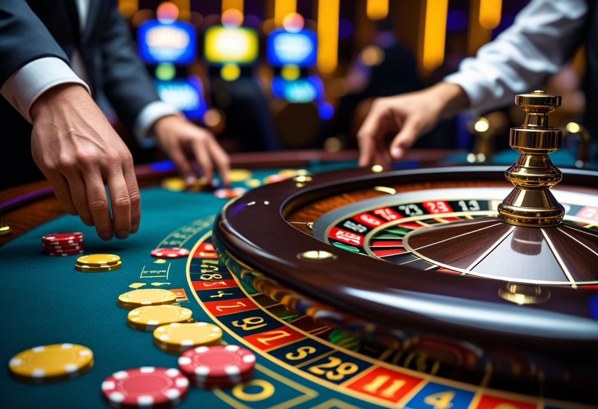 Close-up of a roulette wheel spinning with players placing chips on the betting table in a casino.