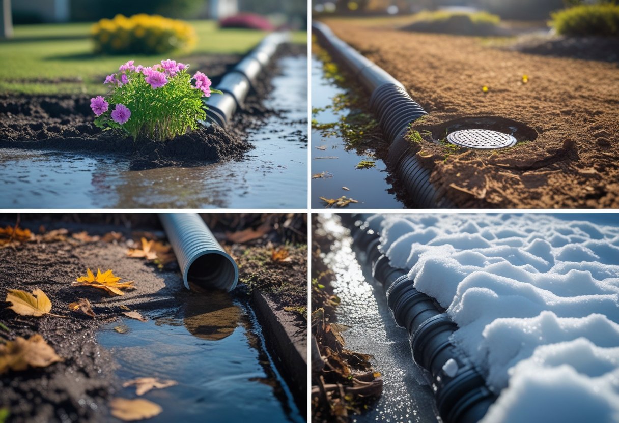 An outdoor scene divided into four parts showing sewer lines affected by spring flowers and wet ground, summer heat and dry soil, autumn leaves and dampness, and winter snow and ice.
