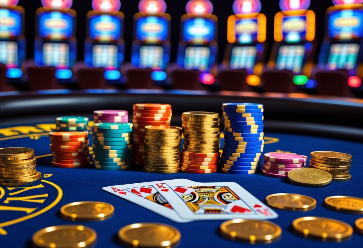 Close-up of a casino table with poker chips, gold coins, and playing cards showing a winning hand, with slot machines in the background.