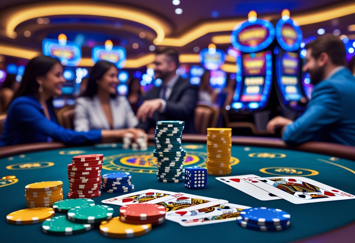 A casino table with poker chips, dice, playing cards, and a slot machine in a lively casino setting with people playing games.