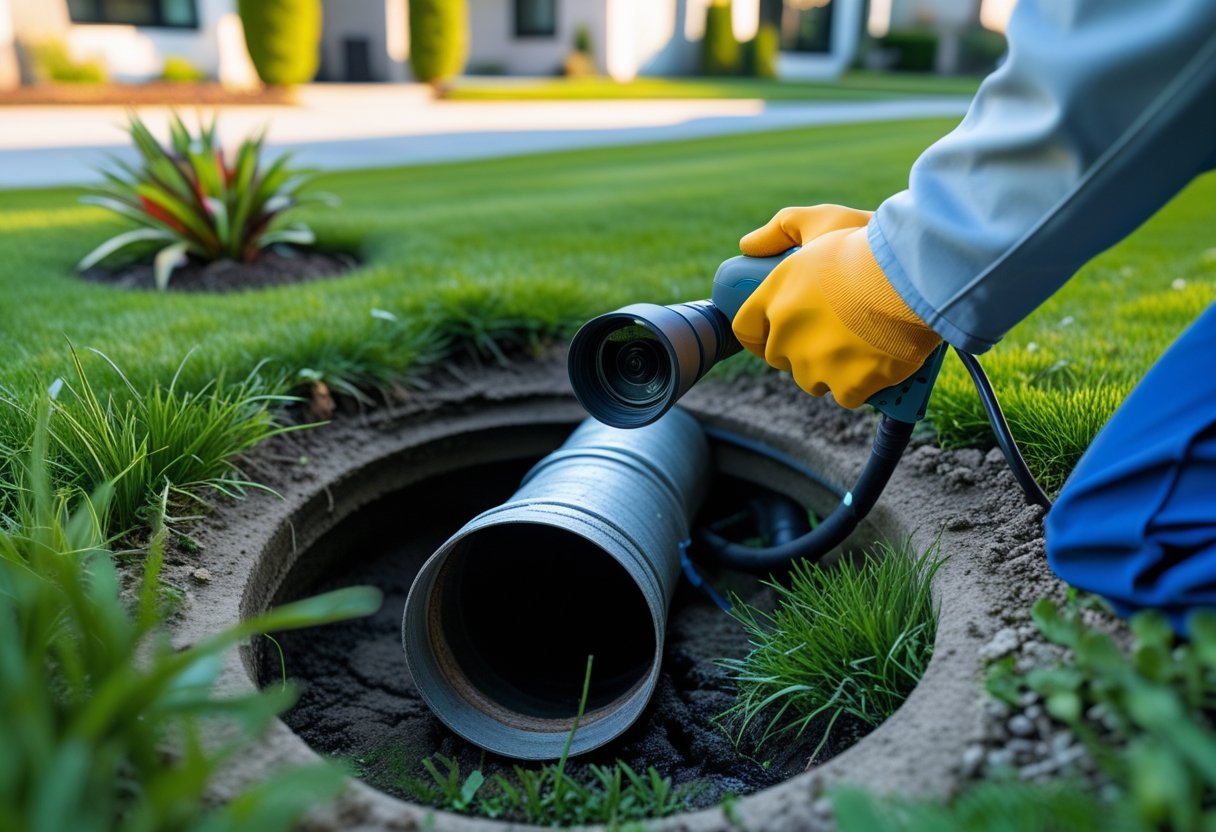 A plumber inspecting an open sewer cleanout pipe in a suburban yard near a house.