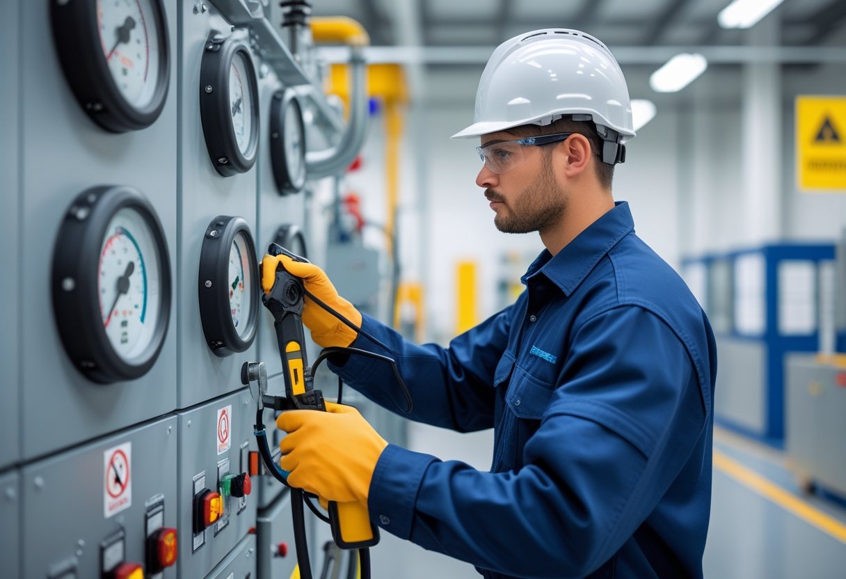 A maintenance technician inspecting industrial equipment in a clean facility.