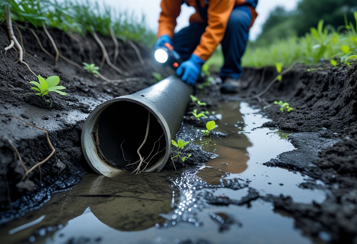 Close-up of a cracked underground sewer pipe with roots and damp soil, showing signs of damage and a technician inspecting the area.