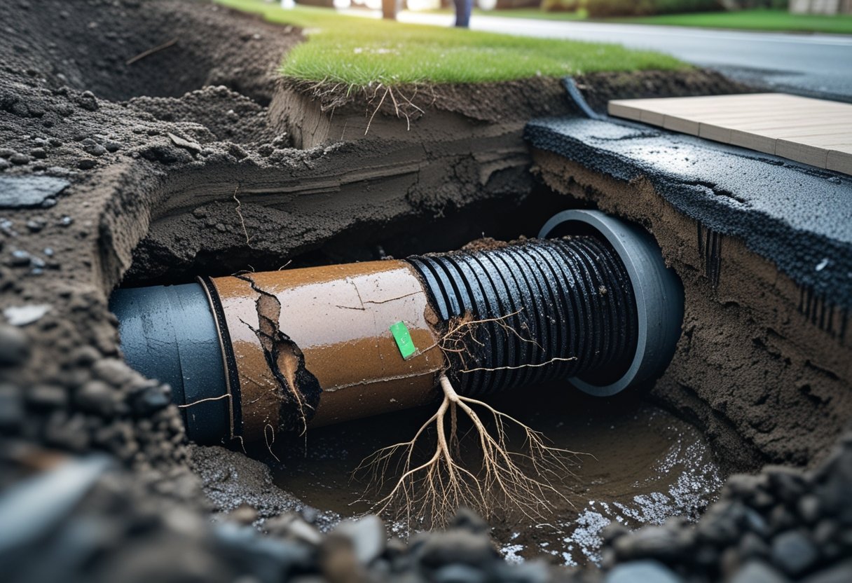 Close-up underground view of a damaged sewer pipe with cracks, corrosion, and tree roots, showing soil layers and a small sinkhole on the street surface with a concerned homeowner nearby.