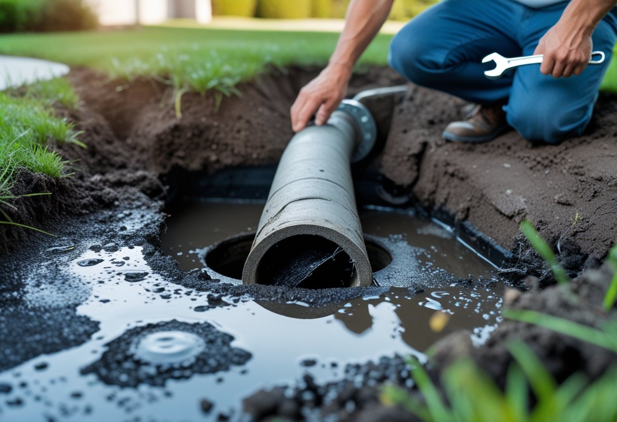 Warning Signs Your Sewer Line Might Be Failing And How To Address Them Early 1 A homeowner inspects a cracked sewer cleanout pipe leaking water near a house foundation.