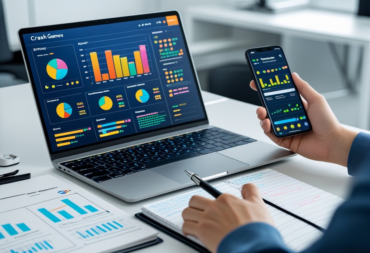 A person working at a desk with a laptop showing game charts, a smartphone displaying a crash game, and a notebook with strategy notes.