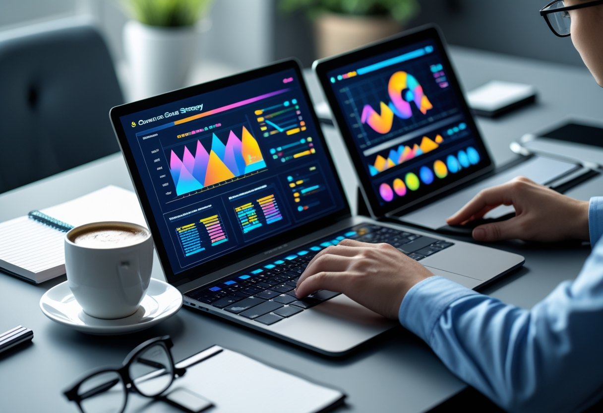 A person analyzing colorful graphs and charts on a laptop and tablet at a desk with study materials.